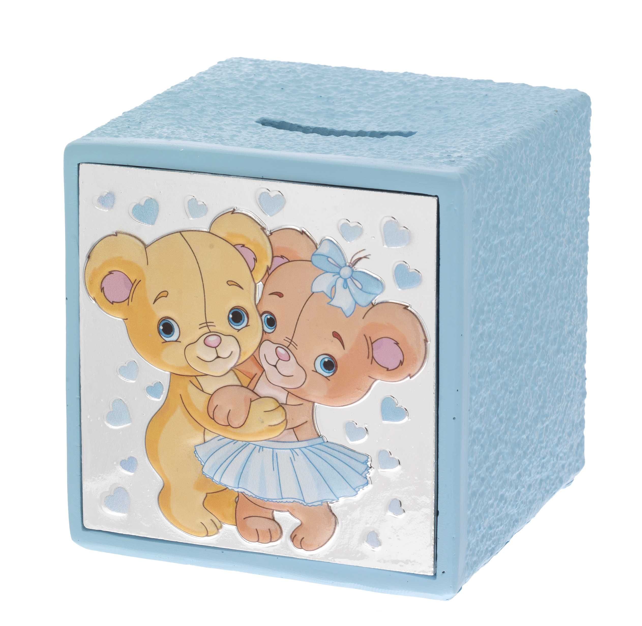 SALVADANAIO CUBO CON COPPIA ORSETTI AZZURRO
